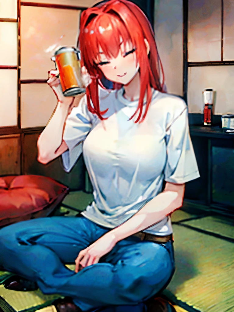 1girl, pale skin, red hair, white shirt, blue jeans, typical japanese living room, drinking a can of beer, holding lit cigarette between fingers with right hand, drunk, blushing, silly expression, eyes closed wide smile