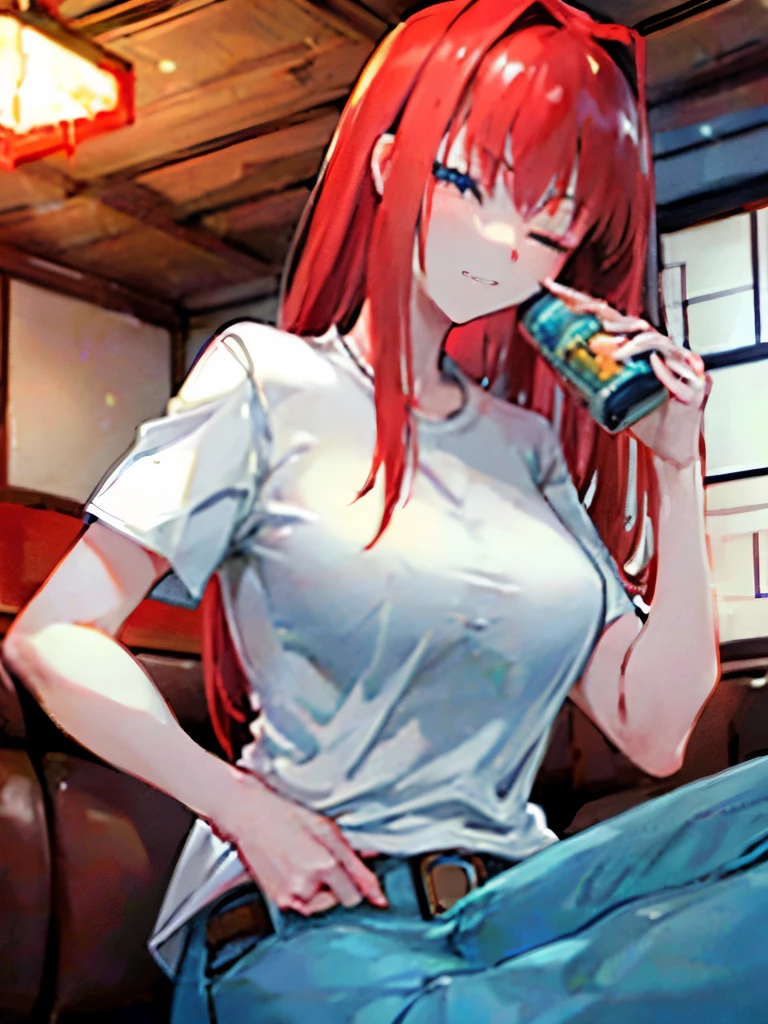 1girl, pale skin, red hair, white shirt, blue jeans, typical japanese living room, drinking a can of beer, holding lit cigarette between fingers with right hand, drunk, blushing, silly expression, eyes closed wide smile