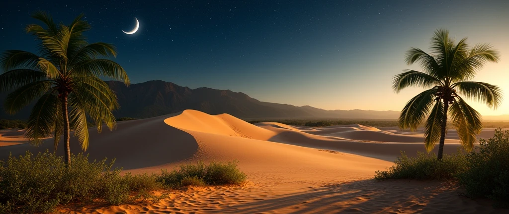 Large tropical desert sand mountains with tropical trees and sand hills, large ones at night, and its dark at night