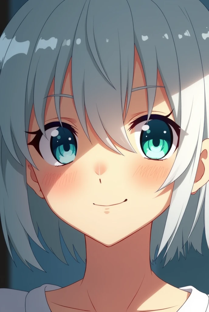 minimalist anime style, young adult woman, with one blue eye and one green eye, short white hair.
The face is seen in a close-up. The woman&#39;s expression is calm and somewhat enigmatic., with a slight mischievous smile.
He is looking forward
