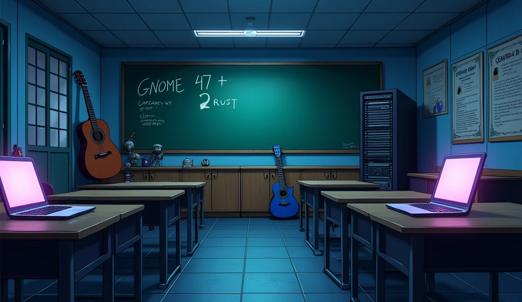 a Japanese school class with bright colors. the class is empty without any student and there arent any windows; no windows, night, there are 2 laptops that run linux, and a server rack, some classic guitars, and an unfinished robot. there is a  green board that writes "GNOME 47 + RUST,  anime style