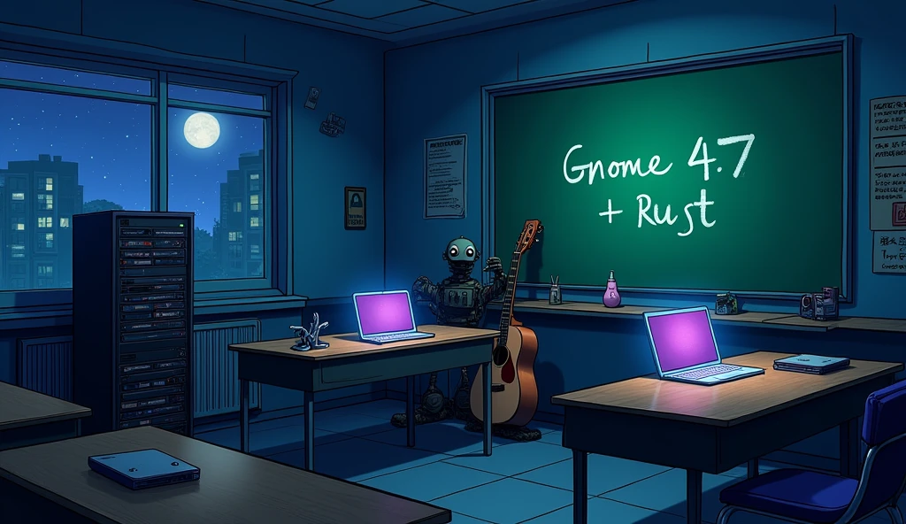 a Japanese school class with bright colors. the class is empty without any student and there arent any windows; no windows, night, there are 2 laptops that run linux, and a server rack, some classic guitars, and an unfinished robot. there is a green board that writes "GNOME 47 + RUST, anime style