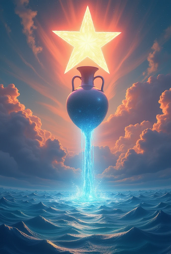 In the sky a vase pours its waters over the vast and wonderful sea, A big star lights up the landscape