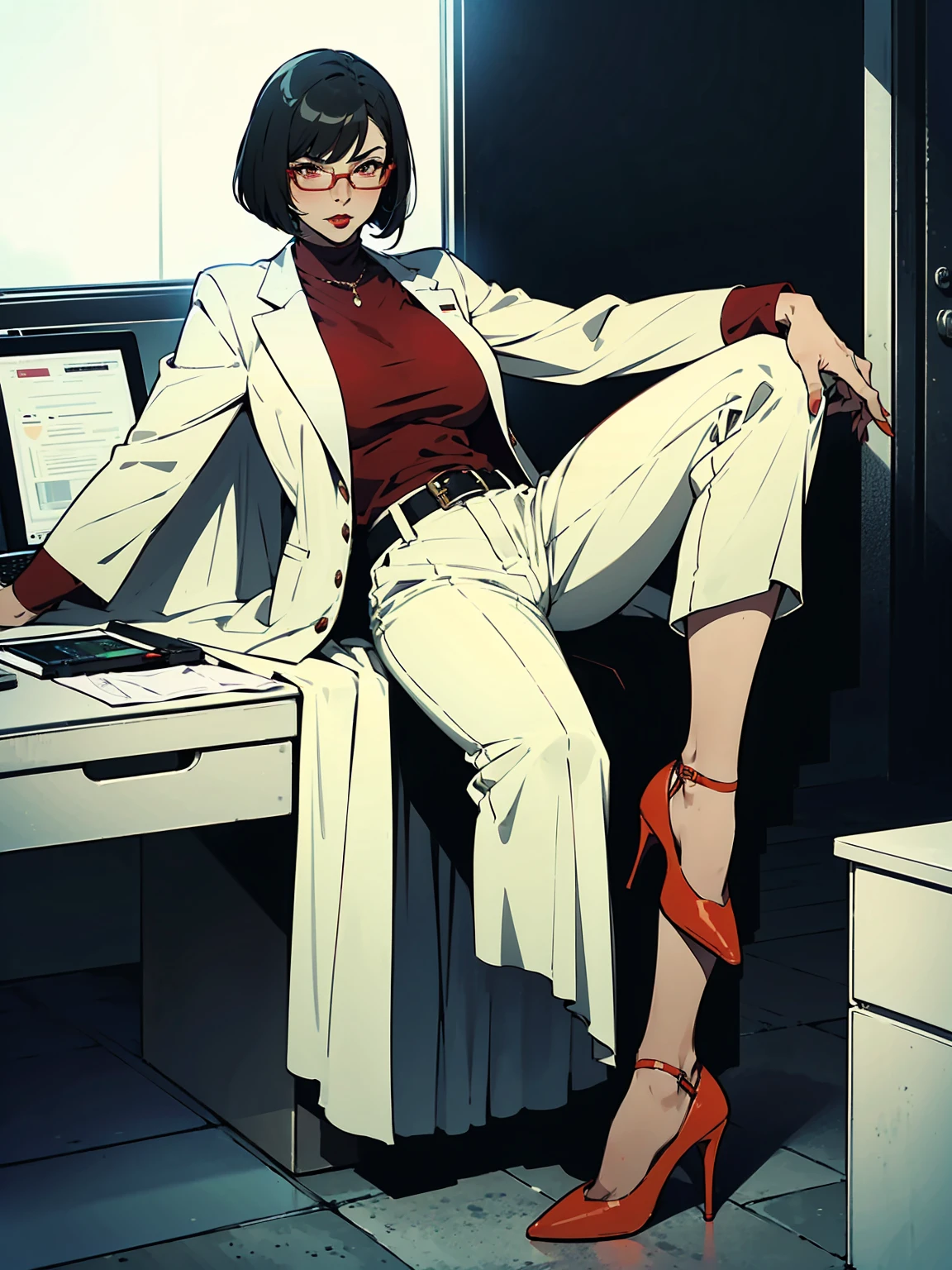 (score_9,score_8_up,score_7_up),1woman,solo,source_anime,mature,big sister,middle age,black hair, bob cut, red glasses, red lips, white shirt, black suit, red heels, red belt, stern look, office