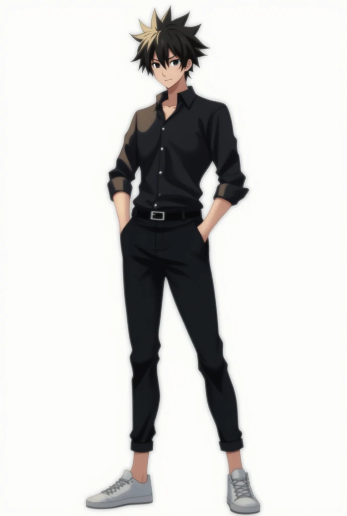 Create a male anime character with spiky black hair, black eyes, fair skin, black shirt, black pants, white shoes, and a white background.