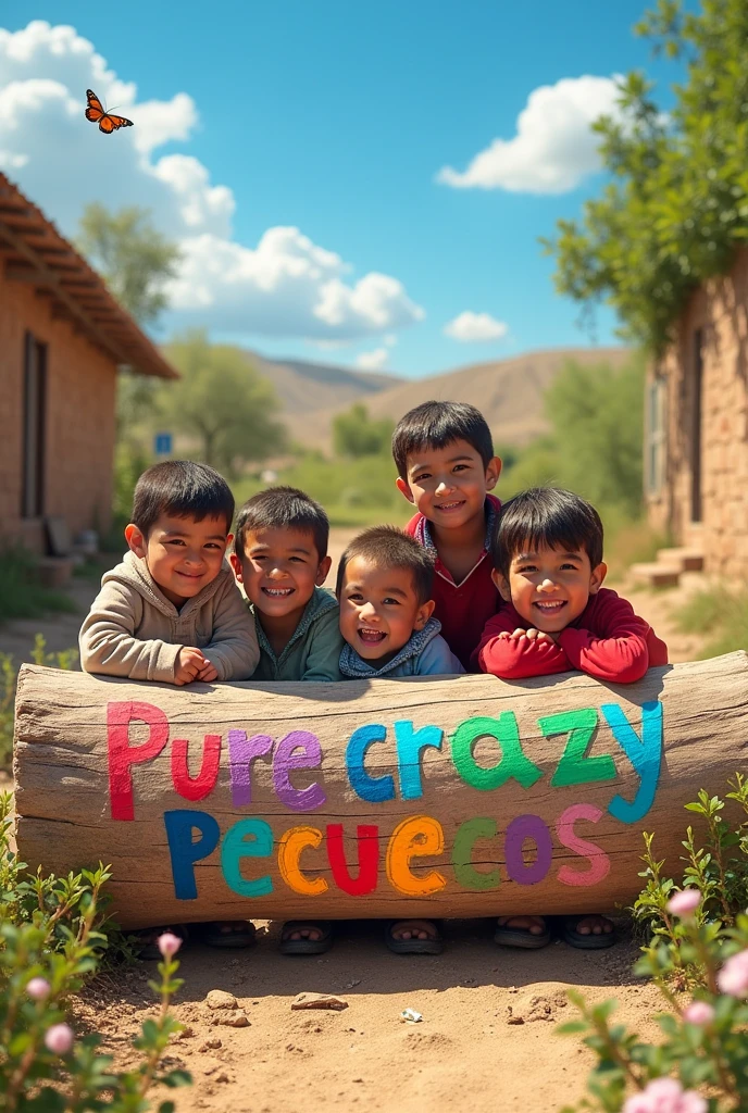 Some children in Iran with a log that says "Pure crazy pecuecos 3"