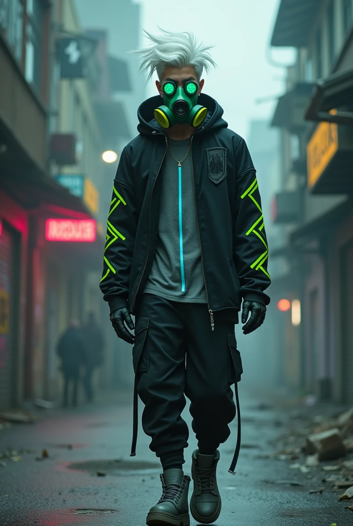 Radi is a pale white man, 6 feet 4 inches tall.. His hair is white with a front tuft that is divided into three parts.. Your eyes are sharp, your pupils are green in color, blue and black. His fingers are pointy.  He wears a green microgas mask, but it&#39;s black in the center with a straight green line in it, and on the sides, green and black radioactive symbols. He wears a black long sleeve shirt, but in the middle it turns gray with a vertical blue line in the center, but the collar that goes up to the neck is black. outside, he wears a black zigzag hoodie, a radioactive symbol on the back with a vertical neon green line on each sleeve, but in the end it is a circular line. At the top of the sleeves, have two circular blue lines. He wears black pants and gray calf-length boots., become black with light blue soles. In the gray part of the boots, have a dark green zigzag line.  He wears fingerless gloves. Radi is wearing a hoodie Anime style art