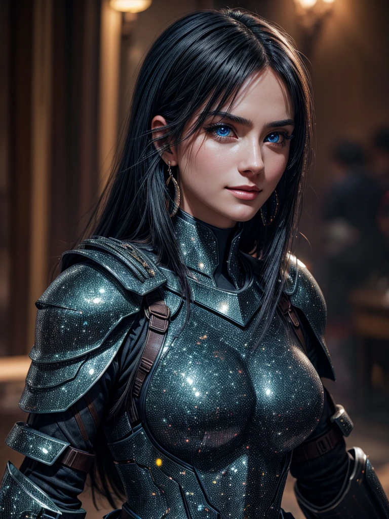 1girl, armor, black_hair, blurry, blurry_background, blurry_foreground, breasts, blue_eyes, closed_mouth, depth_of_field, earrings, jewelry, long_hair, looking_at_viewer, smile, solo, upper_body, high_quality, 8k, ultra_detailed, photorealistic, realistic, masterpiece, professional, vibrant_colors, dramatic_lighting