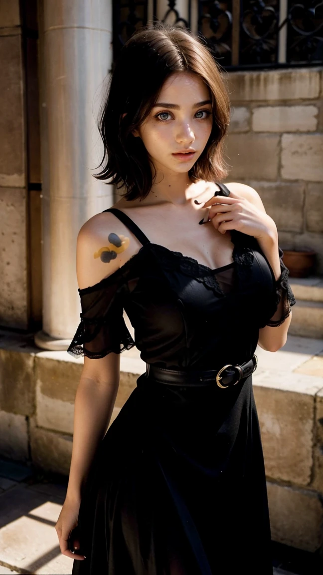 Grande brune sexy aux cheveux noirs, cheveux légèrement ondulés, 175 cm de hauteur, corps parfait, dans une robe ample indienne colorée qui accentue sa silhouette, s&#39;opposer aux musées, Avec un regard séduisant, photo brute, UHD réaliste, 8k, ombres de peau réalistes, texture de peau réaliste, séance photo playboy, full body
