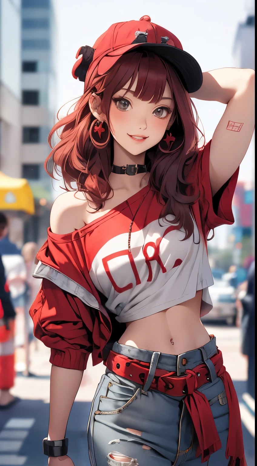 masterpiece, highest quality, pixiv, cooles Girl, the strongest pirate girl, topless, Lips in love, red hair, curly red hair, blunt bangs, straight bangs, gray eyes, White skin, Girl, improve,look at the viewer, smile,