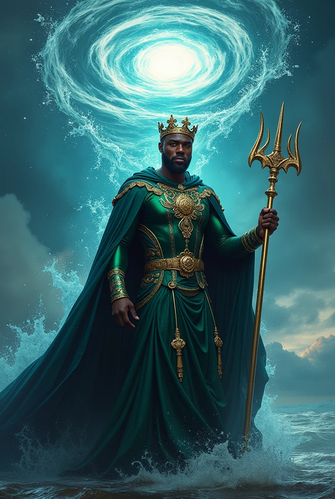 Black man with hyrdokenesis in cape and crown. Holding trident. Looking up at sky through water tornado. Royal outfit
