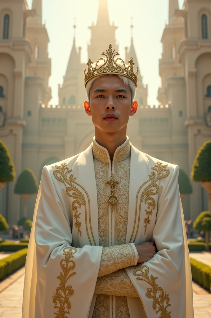 22 year old man, short white hair and yellowish brown eyes. Dressed as a king with a golden crown and a white outfit. With powers of
