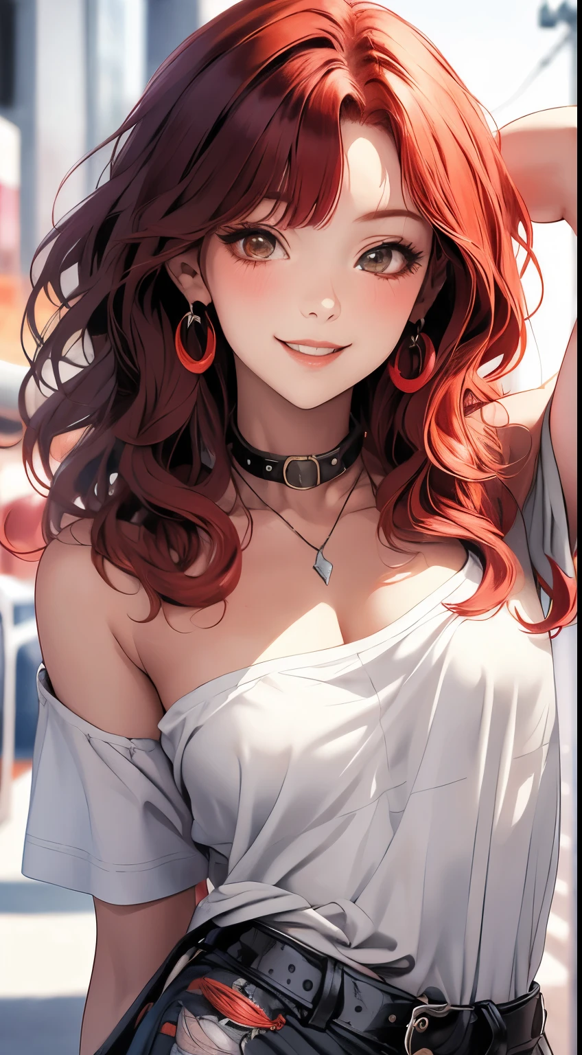 masterpiece, highest quality, pixiv, cooles Girl, the strongest pirate girl, topless, Lips in love, red hair, curly red hair, blunt bangs, straight bangs, gray eyes, White skin, Girl, improve,look at the viewer, smile,