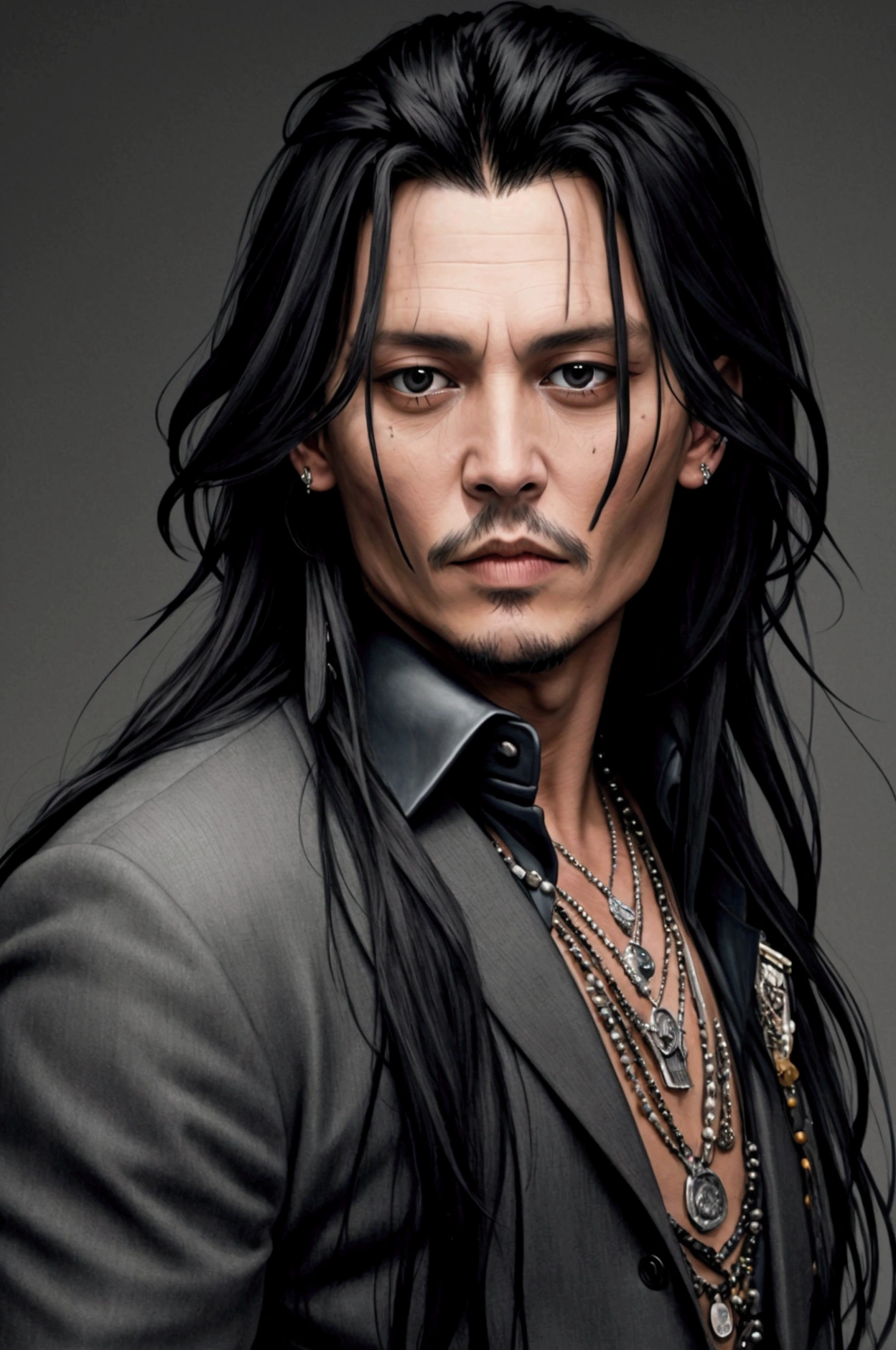 Johnny Depp looking, long black hair, face photo, facing the front,