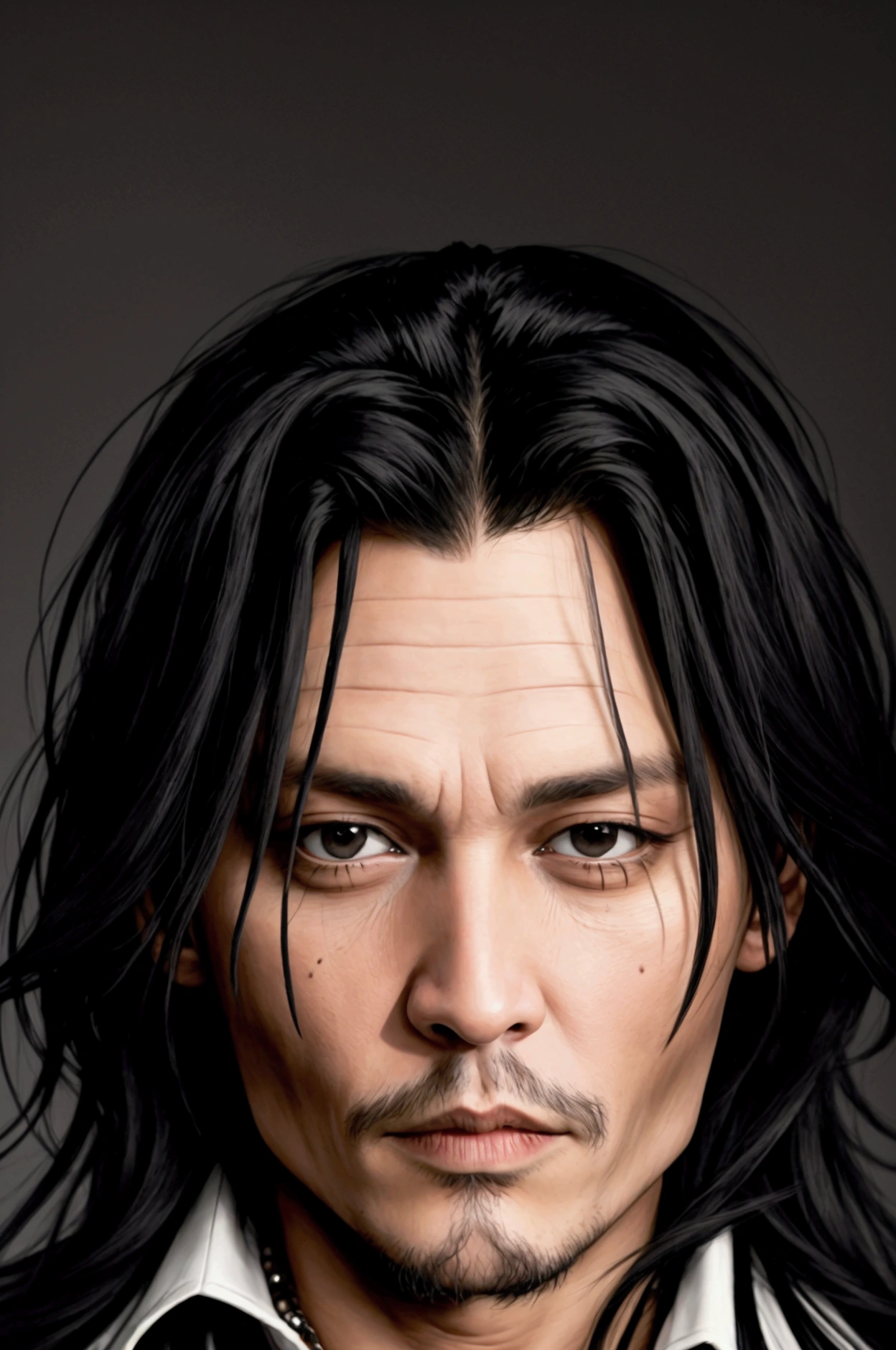 Johnny Depp looking, long black hair, face photo, facing the front,