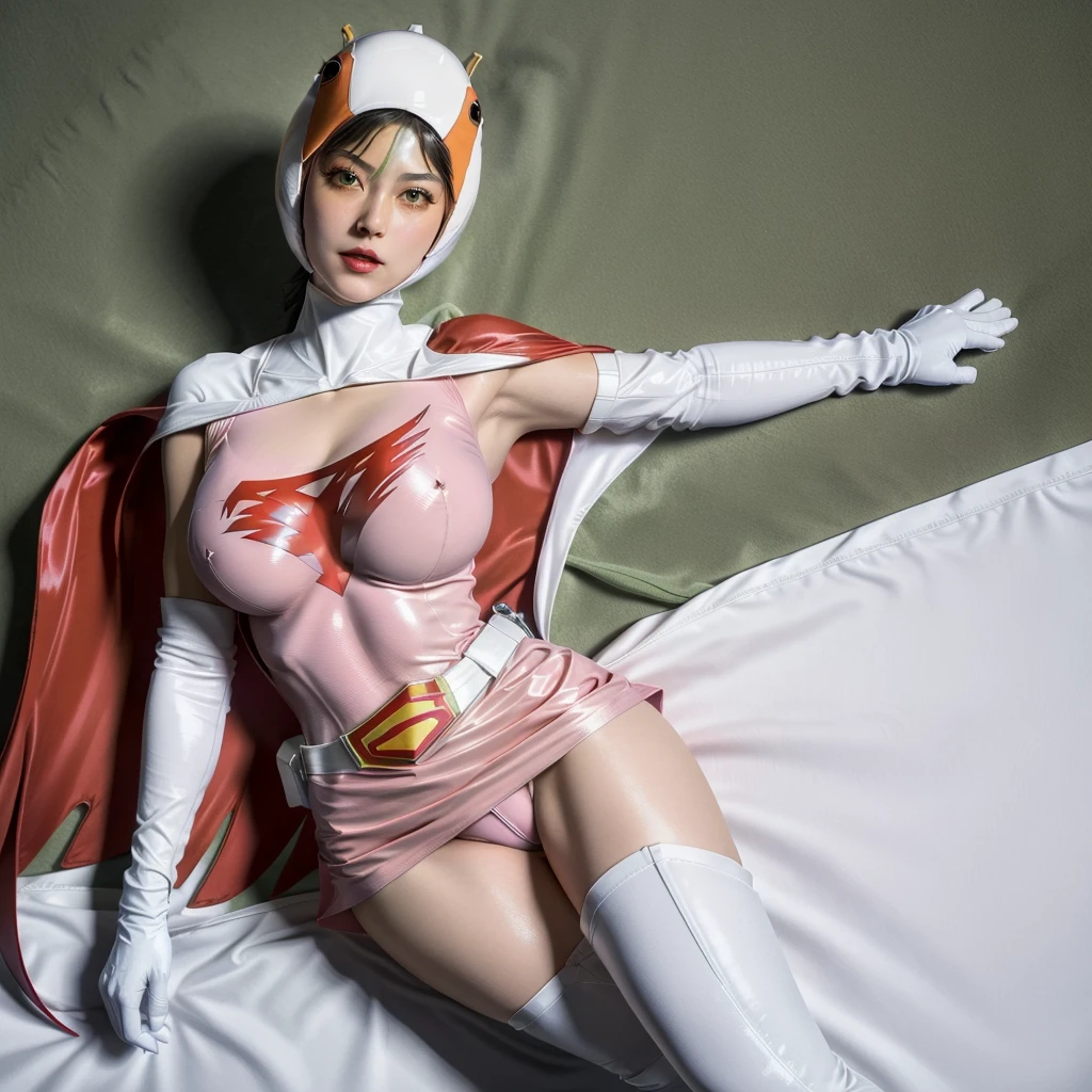 ANI_CLASSIC_jun_gatchaman_ownwaifu,1girl, ,good anatomy, masterpiece, best quality,realistic, hyperrealistic, 16k hdr, long hair,breasts,green eyes,lips,large breasts,lipstick,makeup,gloves,cape,helmet,belt,elbow gloves,white gloves,mask,ultra miniskirt,leotard,spacesuit,white tight overknee highheels boots,pink dress,superhero,bodysuit,cleavage,erected nipples,(lying flat poses, view from above),cameltoe,full body