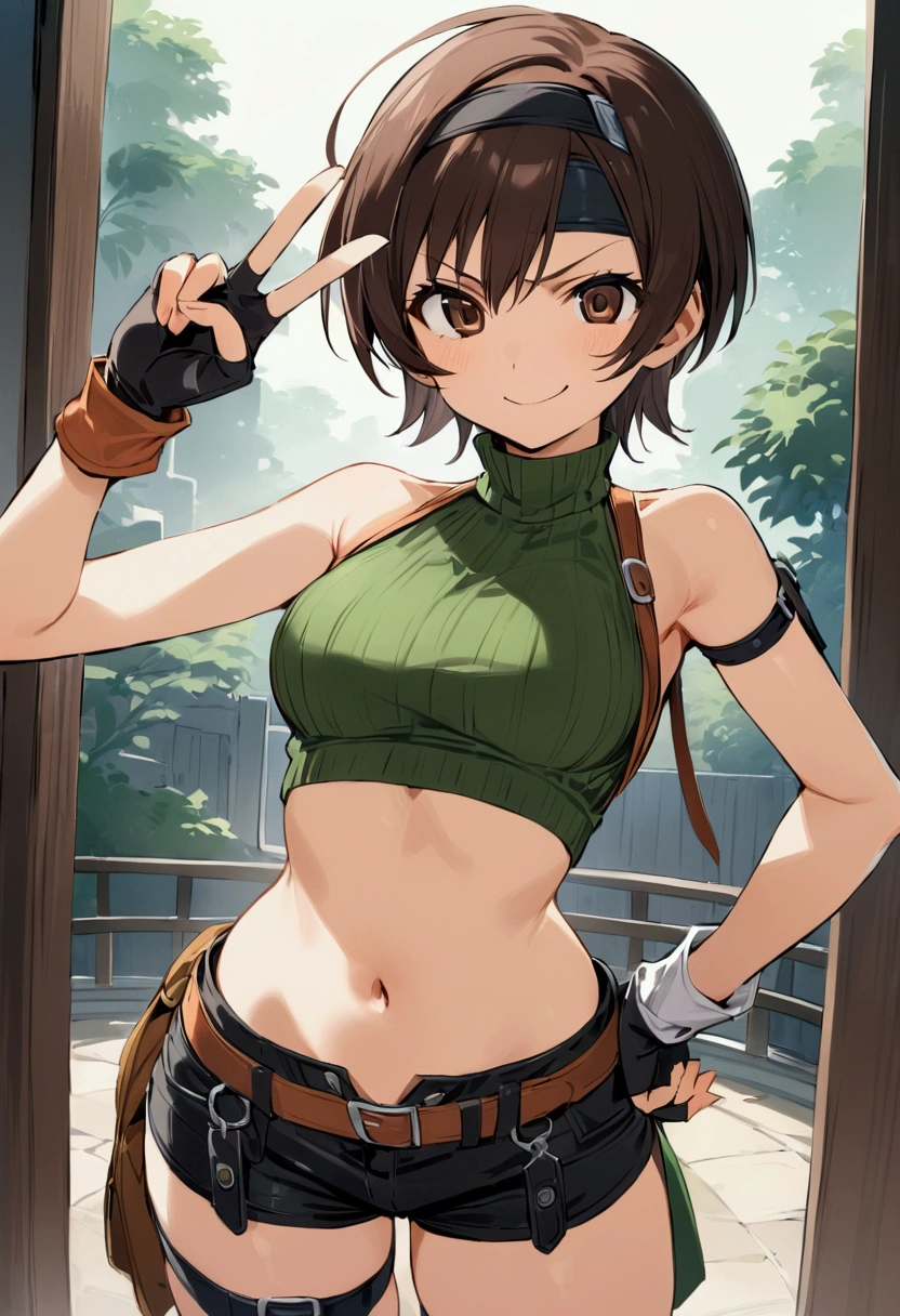 score_9, score_8_up, score_7_up,BREAK best quality,high quality,masterpiece,aesthetic,very aesthetic, soro,1girl,yuffie kisaragi,, final fantasy,short hair,headband,navel,sleeveless,turtleneck
brown eyes,
sleeveless turtleneck,gloves,crop top,brown hair,shorts,midriff,sweater,open fly,fingerless gloves,ribbed sweater,looking at viewer,smug,v-shaped eyebrows,wide eyes,v,hand on hip,
