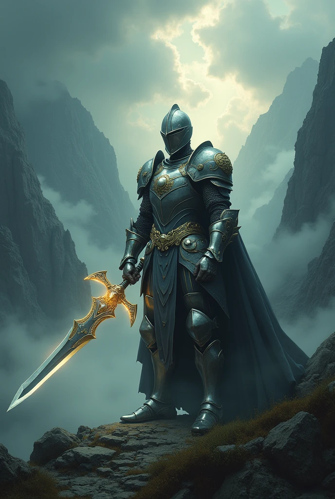 Armored warrior in the dark valley emitting light in the holy spirit war 
