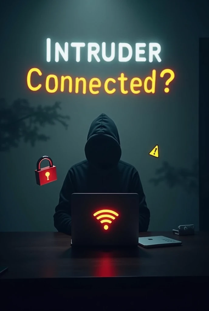 Create a dark background using shades of gray or dark blue to evoke mystery and alertness; position the silhouette of a person from the side, slightly tilted, with their face turned toward a laptop, in black or dark gray to stand out against the background; place the open laptop in front of the person, with the screen visible in profile, and add a Wi-Fi icon on the screen; over the screen or near the silhouette, add a Wi-Fi icon in white or light blue to contrast with the dark background; next to the Wi-Fi icon, insert a small broken padlock in red or orange to suggest an insecure connection; place the text "Intruder Connected?" at the top of the thumbnail in a bold, easy-to-read font, in colors like white or yellow; add a slight glow around the silhouette or the Wi-Fi icon to make them stand out more; insert a small yellow alert triangle with an exclamation point in a corner of the thumbnail to increase the sense of urgency; adjust the contrast and clarity of all elements to ensure the message is clear and attractive, even in a reduced size.