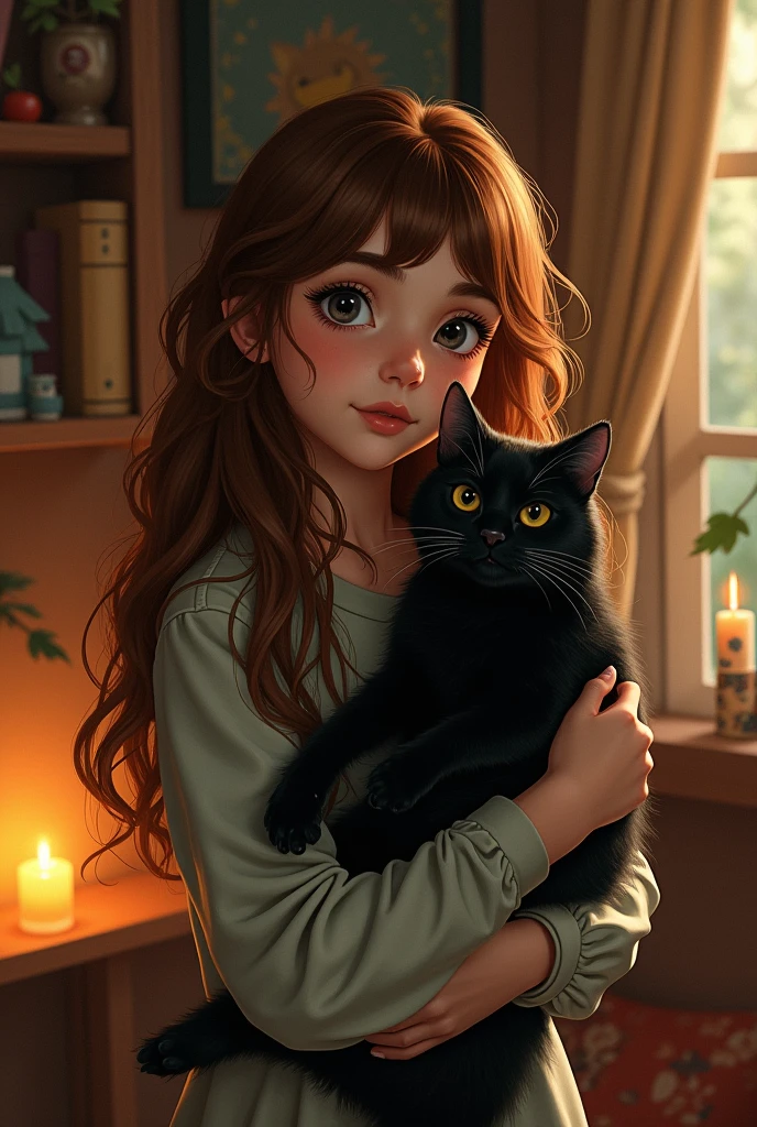 Girl with long wavy hair with bangs and dark eyes, with nose and eyebrow piercing holding a black cat in her arms