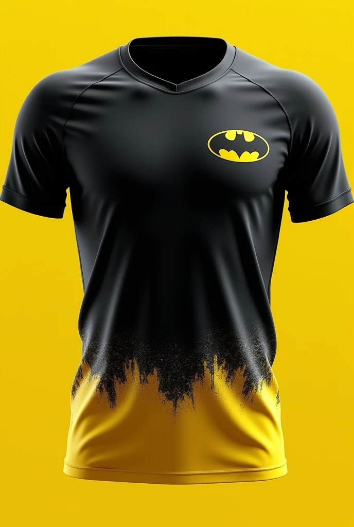 make this batman bat smaller and place it on the right side of the chest. And please add a transparent batman design on the bottom area of the shirt.. Leave a sporty essence for school games. Show the complete shirt please.
Keep these details in the black part, make a small gradient to yellow at the end of the shirt, make this bat smaller and place it on the right side of the peoto. Don't forget to leave the essence of sports jersey for school games. Make it really eye-catching, Although, don't turn it into a cosplay, leave the sporty. Make a shirt that everyone would look at with envy MAKE THE FRONT