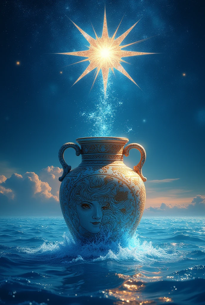 The vase of Aquarius pours its water over a vast sea illuminated by a great star in the sky