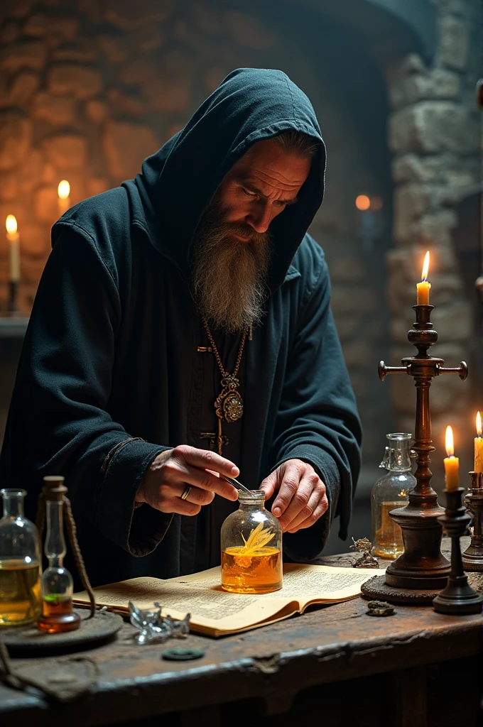 Man in black robes performing genetic manipulation in medieval times