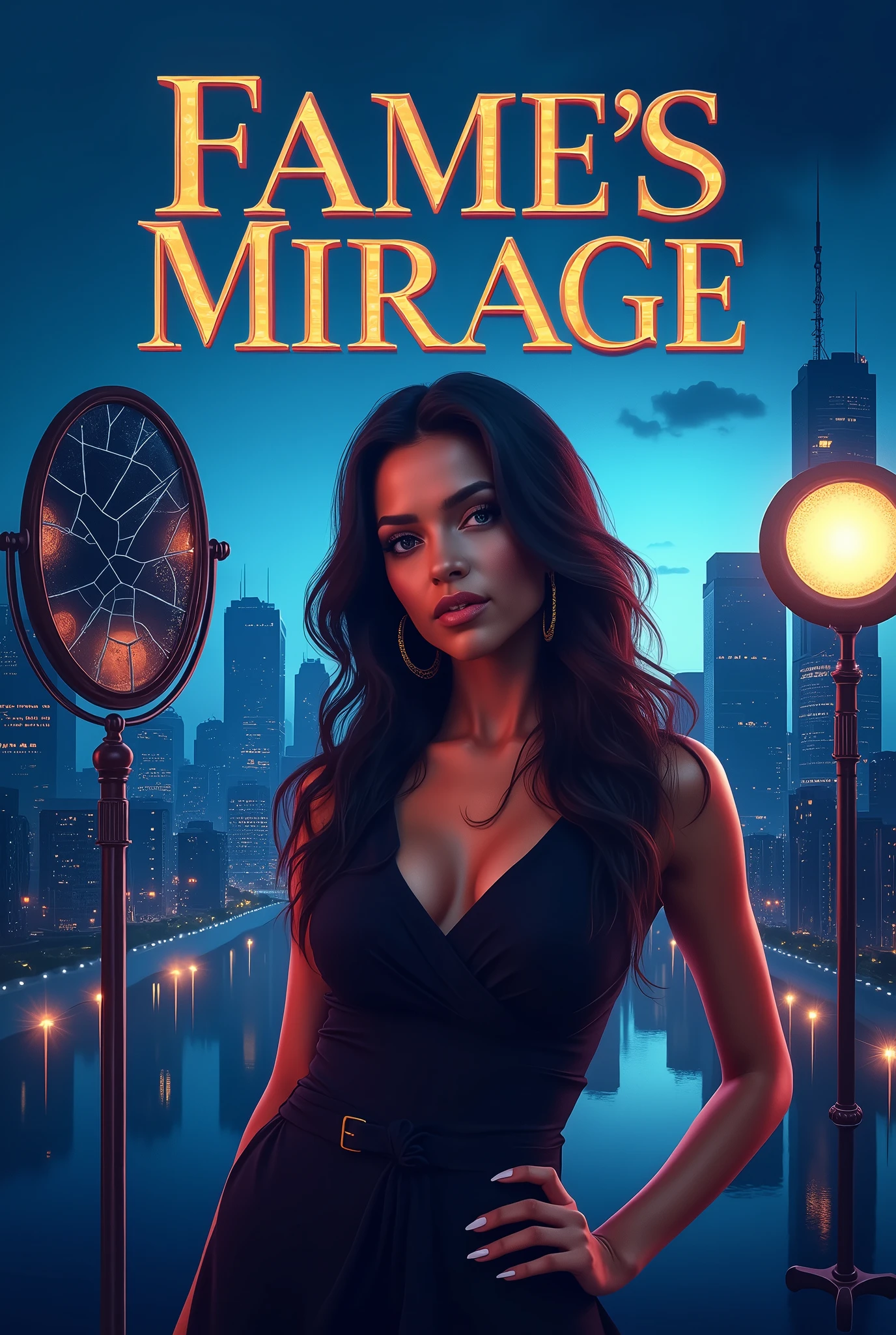 For the cover of the song “Fame's Mirage,” create a striking and atmospheric design with a sexy, realistic female singer positioned prominently in the center. Ensure her lifelike appearance exudes allure and confidence, reflecting the song’s emotional depth. Place her against a dramatic city skyline at twilight, using deep blues and purples to create a moody urban backdrop. Incorporate a broken mirror reflecting a bright spotlight to symbolize the illusion and fleeting nature of fame. Display the title, “Fame's Mirage,” in a bold, modern font at the top or center of the cover. Add subtle elements like a microphone and musical notes to enhance the urban and melodic theme, blending them seamlessly with the central image of the singer.