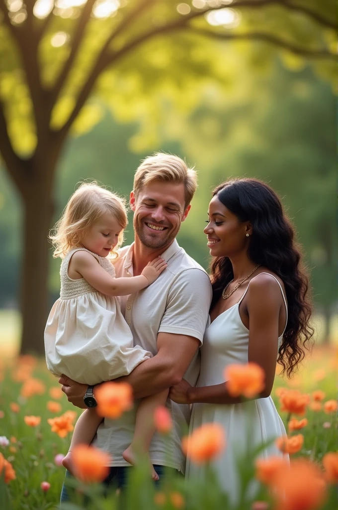 blonde father,with his little blonde daughter in his arms and his wife a black woman with black hair happy together