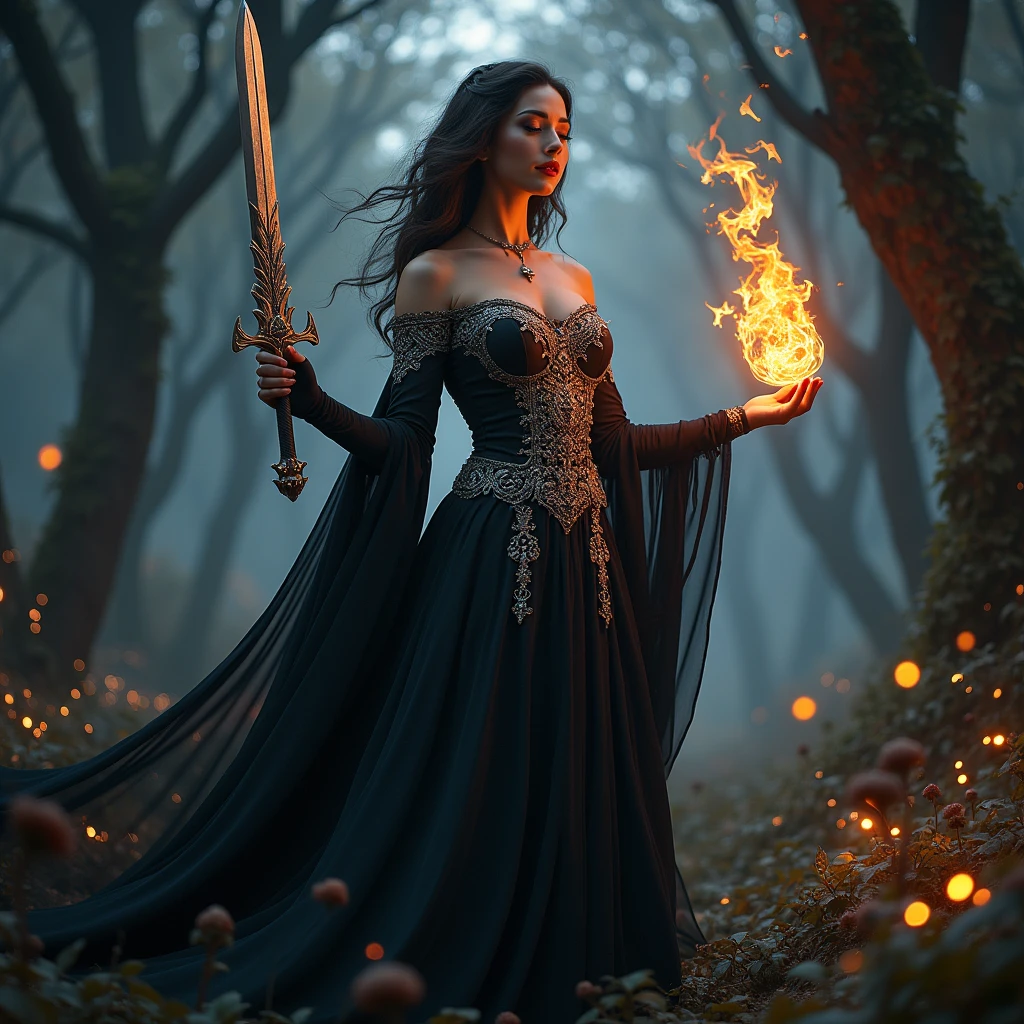 Woman in black dress holding sword and fire, Jan J, Beautiful Fantasy Empress, Fantasy Woman, Fantasy art style, Digital fantasy art ), Li Song, Jan Jin, epic Fantasy art style hd, Detailed fantasy art, 4K Fantasy Art, Amazing fantasy art, Beautiful Succubus, Anime Goddess, Fan Chi, HD fantasy art