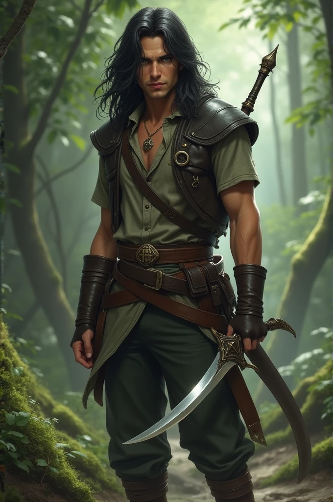 Kael is a character who exudes charisma and mystery, reflecting its intrepid nature and secret-filled past. He has a striking presence, with long dark hair that falls lightly over her shoulders, framing a well-defined face with strong features. Their eyes, deep green, are like windows to your emotions, always shining with an intense glow that reveals both her courage and a shadow of sadness, sign of all that hides.
Kael is of average height., but his athletic build and the confident way he moves make him seem bigger. He dresses in practical clothes, suitable for an adventurer — a shirt made of lightweight, durable fabric, short sleeves and a leather vest that, despite being worn out, seems to give him an air of dexterity. Your pants are firm, allowing freedom of movement, and your boots, worn but well cared for, are perfect for tackling the rough terrain of your journey.
Among your belongings, Kael carries a curved sword, of gleaming blade, hanging on the side, that not only serves as protection, but it also symbolizes your determination to fight for what you believe in.. An ancient amulet, a talisman that belonged to his family, hangs around your neck, serving as a constant reminder of its origins and the responsibilities it carries.
In addition to his physical appearance, the aura that surrounds Kael is fascinating. He has a calm and self-confident manner., that makes people around you feel at ease, but there is a certain mystery in his blunt smile — he is able to charm, but also to cover up their true intentions. His presence brings both comfort and uneasiness to Aria., which makes her question whether she should trust him completely as her journey progresses.
It soon becomes apparent that Kael has a past entwined with pain and challenges.. Although your bravery shines in moments of struggle, there is a weight on your shoulders, as if the choices you made in the past follow you with every step you take