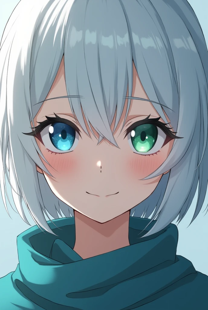 minimalist anime style, young adult woman, with one blue eye and one green eye, short white hair.
The face is seen in a close-up. The woman's expression is calm and somewhat enigmatic., with a slight mischievous smile.
He is looking straight ahead. High angle view.