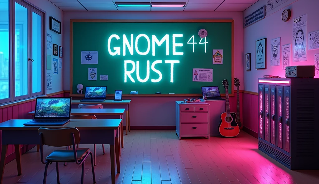 a Japanese school class with bright colors. the floor is wooden, the class is empty without any student and there aren't any windows; no windows, night, there are 2 laptops that run Linux and a server rack, some classic guitars, and an unfinished robot. there is a green board that writes "GNOME 47 + RUST, anime style