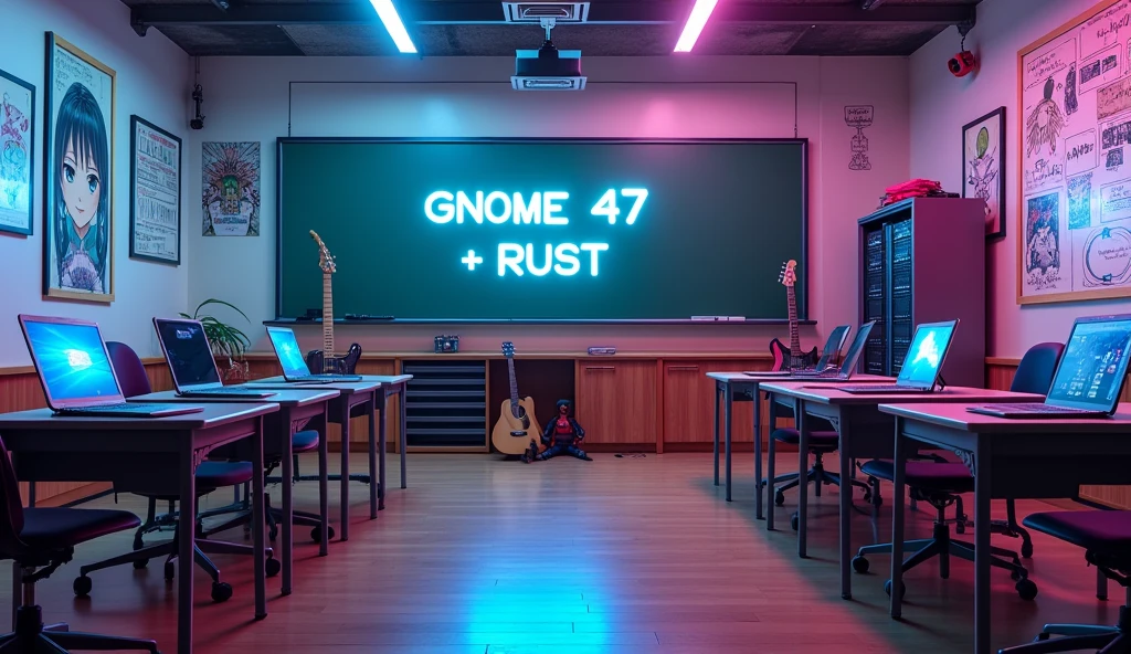 a Japanese school class with bright colors. the floor is wooden, the class is empty without any student and there aren't any windows; no windows, night, there are 2 laptops that run Linux and a server rack, some classic guitars, and an unfinished robot. there is a  green board that writes "GNOME 47 + RUST,  anime style