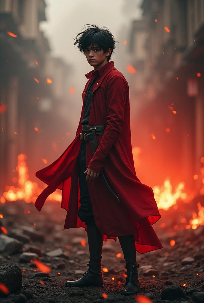 A hero demonstrating that he is strong, (slim body), (short black wavy hair), (fiery eyes), (light around), (red mystical aura), facing the front. cenario, war fund, debris. ultra realism, HD