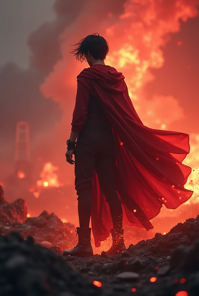A hero demonstrating that he is strong, (slim body), (short black wavy hair), (fiery eyes), (light around), (red mystical aura), facing the front. cenario, war fund, debris. ultra realism, HD