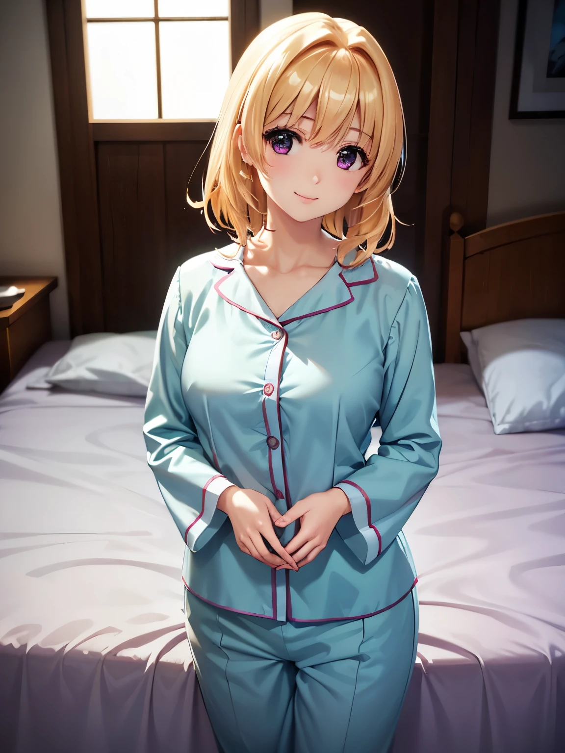 Highest quality、(Anime illustration style),Otome、Shooting from the front、High resolution、Standing、Bedroom、Bed、Shamal、 Beautiful attractive golden hair、Shortcuts、日にShine金色の髪、Beautiful and attractive purple eyes、smile、Closed Mouth、smile、Pink pajamas、In light blue pajamas、1 person、Beautiful Eyes, Sharp pupils, Sharp focus, (Very detailed, bloom, Shine)、(Genuine、Realistic、Realistic)、High resolution、超High resolution、Ultra-fine painting、Cowboy Shot