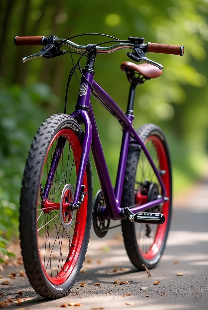 Purple Bicicleta, with rigid fork, brown face coverings, Brown leather grips and seat, red plate and red hubs, sideways