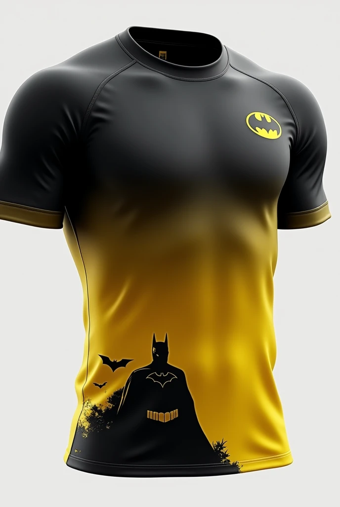 make this batman bat smaller and place it on the right side of the chest. And please add a transparent batman design on the bottom area of the shirt.. Leave a sporty essence for school games. Show the complete shirt please.
Keep these details in the black part, make a small gradient to yellow at the end of the shirt, make this bat smaller and place it on the right side of the peoto. Don't forget to leave the essence of sports jersey for school games. Make it really eye-catching, Although, don't turn it into a cosplay, leave the sporty. Make a shirt that everyone would look at with envy MAKE THE FRONT
