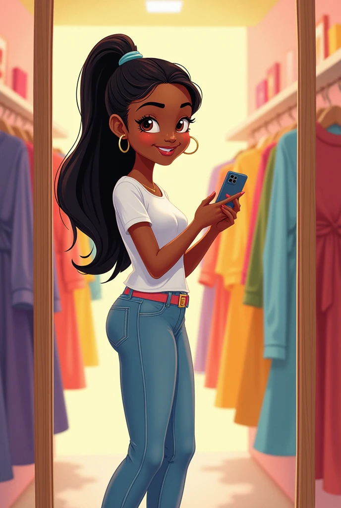 Disney-type drawing of a thin dark-skinned girl with long hair tied back in a straight ponytail, Brown eyes, right nose piercing, dressed in jeans and a t-shirt, with an iPhone in hand,stop in the fitting room of your store