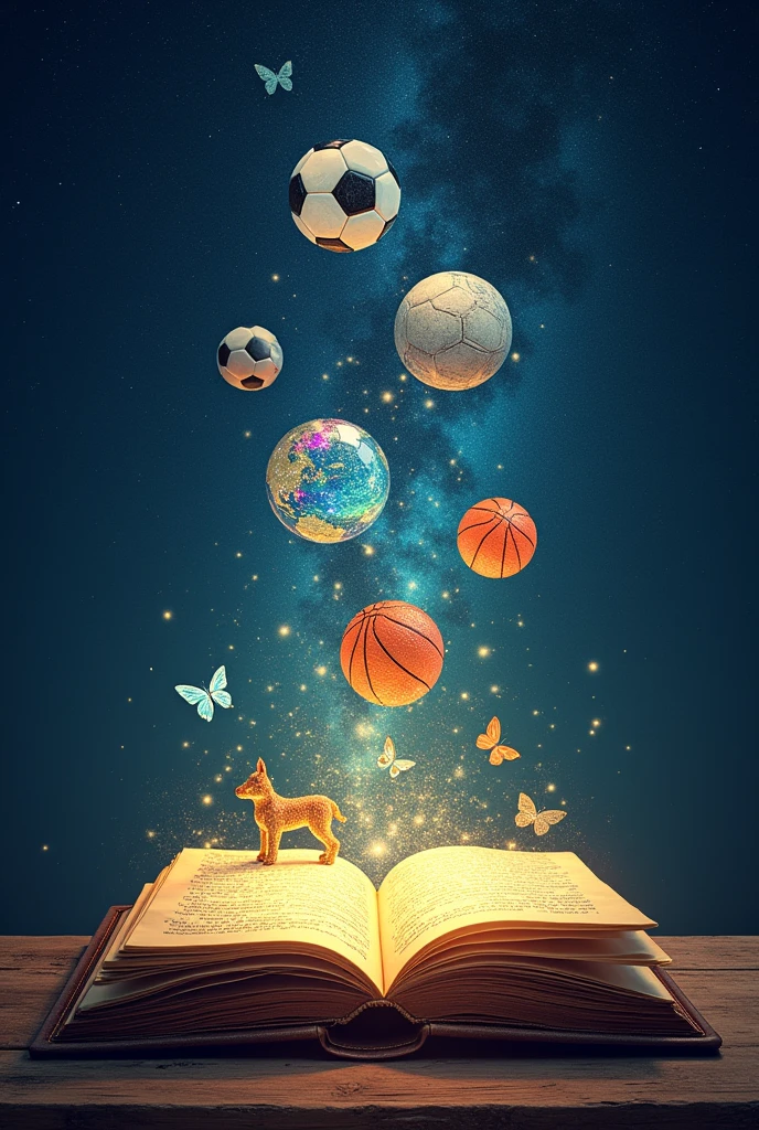 On a night full of constellations there is a book from which good notes come out, drawings of sports balls and also figurines like butterflies, rabbits, dogs and cats made of glass and wood and all this comes from the book that the images are big