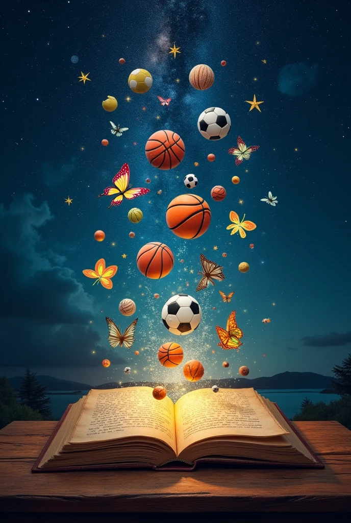 On a night full of constellations there is a book from which good notes come out, drawings of sports balls and also figurines like butterflies, rabbits, dogs and cats made of glass and wood and all this comes from the book that the images are big