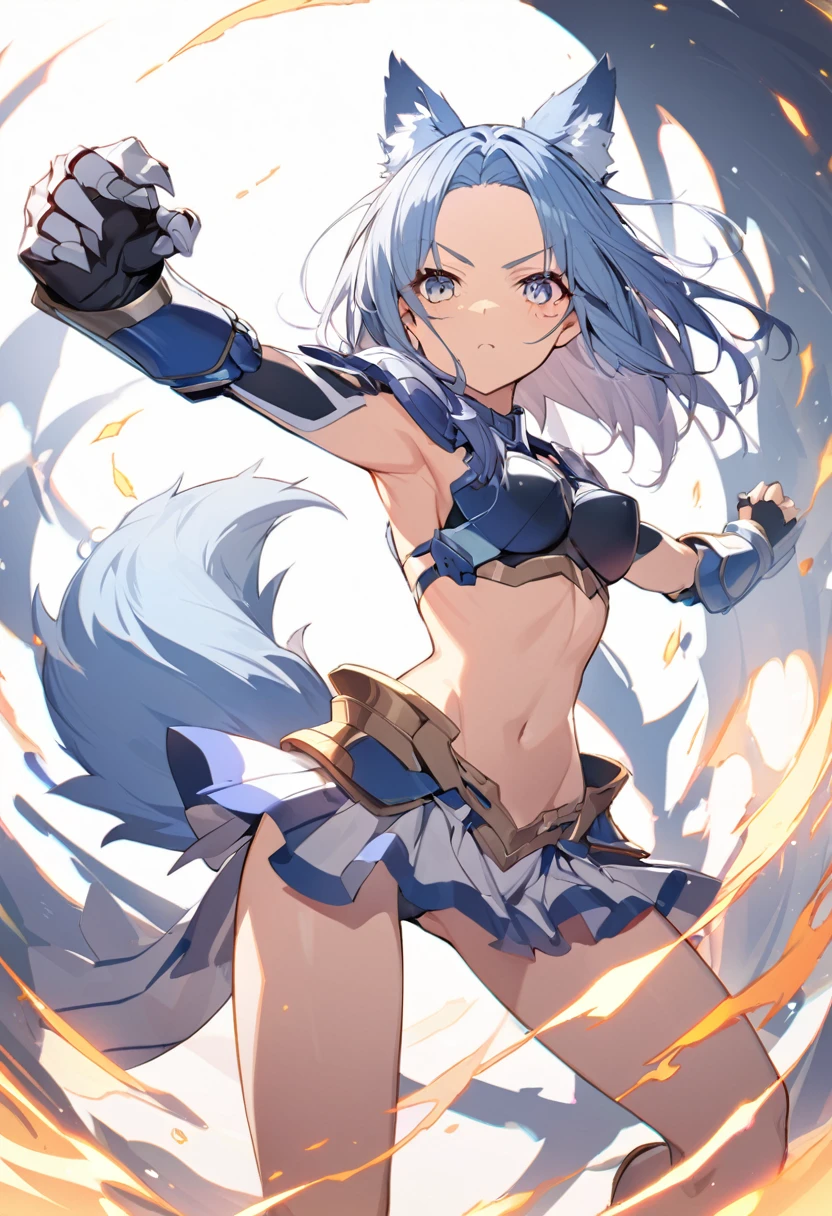 1girl, solo, short bob, wolf girl, medium breasts, athlete, (bikinia armour), forehead, waistcloth, bare limbs, bare stomach, bare thgihs, Humanoid face and body, wolf ears, stripes on cheeks, standing, wolf's tail, fighting pose, 牙, 歯を食いしばる,