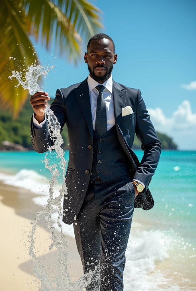 Black man with hyrdokenesis in suit and tie in the caribbean
