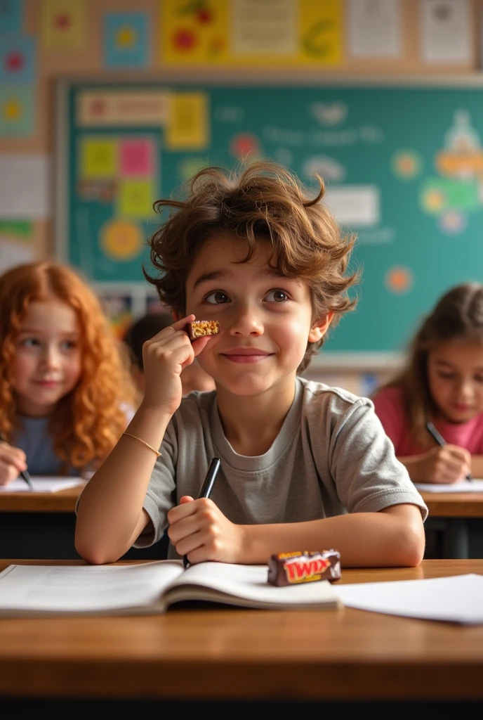 Crée moi l’image d’un jeune garçon de 11ans qui s’appelle Tiago et de Tiago il étais en classe et il mangeait un bout de twix en secret pendant que sa prof étais tourné vers le tableau en classe et sa voisines s’appelle Viviane une jeune fille de 11ans qui regardais sa meilleur amie qui étais plus au fond de la classe mes assez proche de Tiago et de Viviane ambre et Viviane font un pierre feuille ciseaux Viviane étais rousses de cheveux et Tiago avais les cheuveux Marons et ambre avais les cheuveux brun et d’un coup il s’aperçoit que Tiago mange ducoup elles demande eux deux d’avoir un bou de sont gâteux et Tiago disais ouais mes un p’tit bout et puis ambre et Viviane le remercie fin