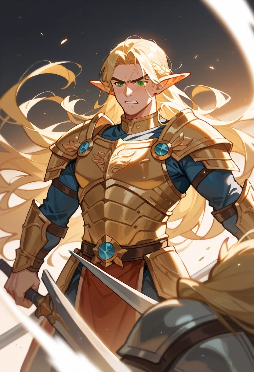 male, paladin captain, golden sun armor, two longswords on his back, handsome face, angry look, dark green eyes, high elf, heavy armor, golden headguard, long flowing blonde hair, sun emblem on armor
