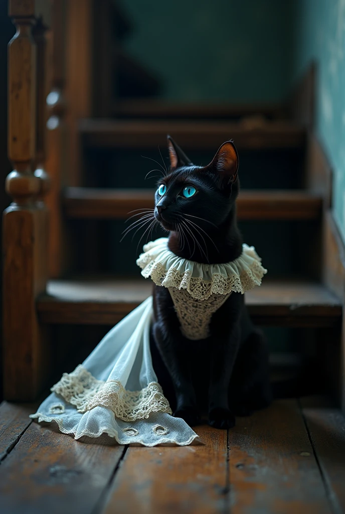 A black cat with blue eyes under a staircase , dressed in baptism clothes