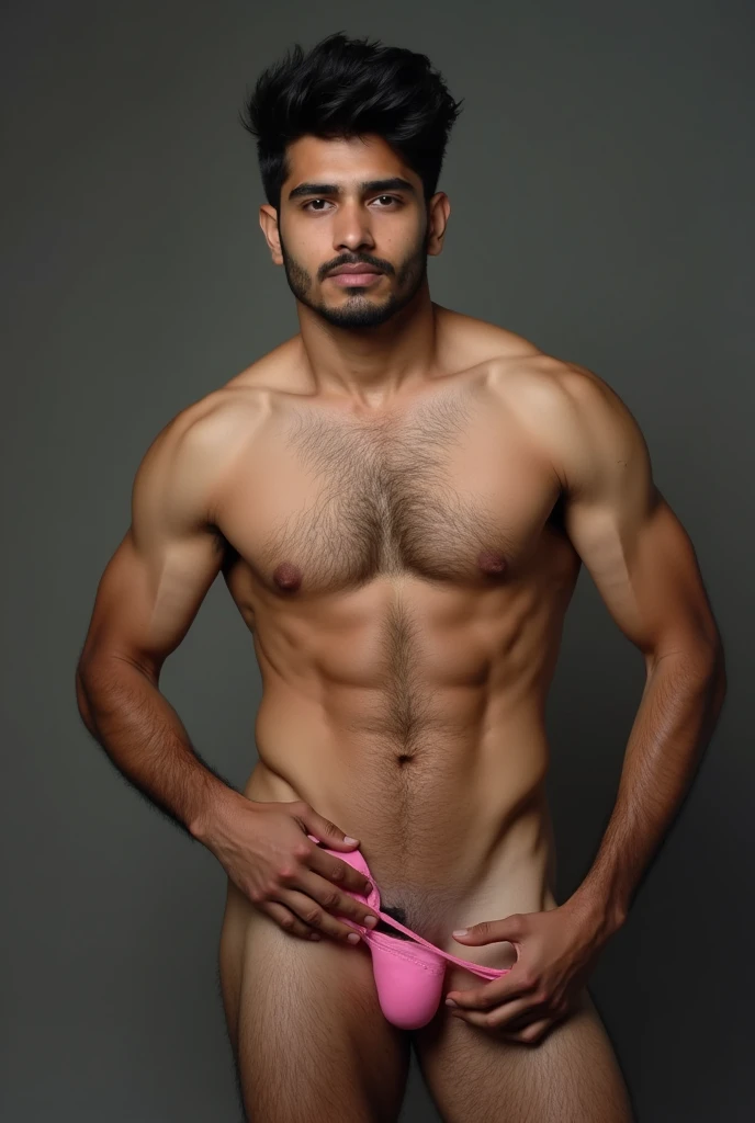 Indian Full Nude Men, Age 19, White body colour, armpit, black hair,  sexy black Hairy Chest with pink big nipples, abs, 14 inches  biceps hands up open hairy armpits, pubic hair, Holding uncut 7 inches Dick, pink long balls,  hairy legs