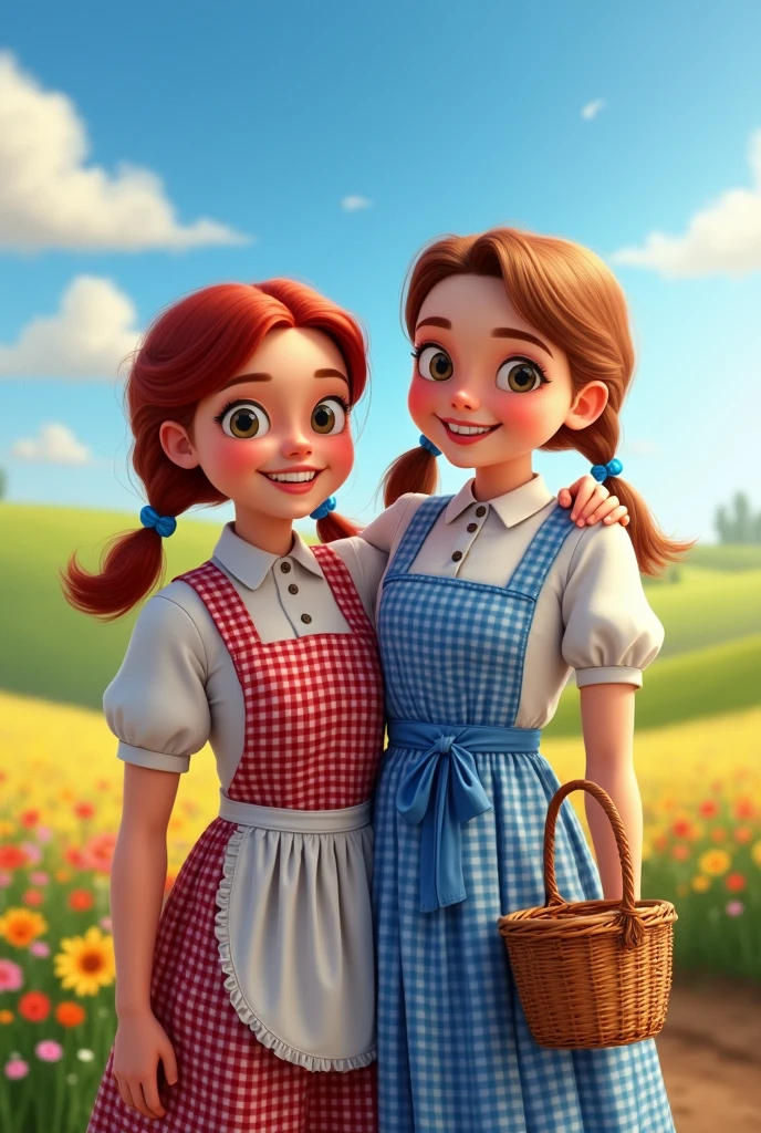 (photorealism:1.2), (detailed), age Wendy from Wendy’s,with her arm around teenDorothy from the Wizard of Oz