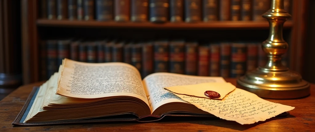 Create an image of an open book with a letter on a library table